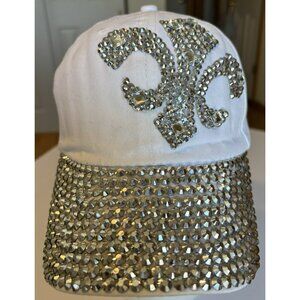 White Rhinestone Bling Baseball Cap Hat – Fleur de Lis Design, Adjustable